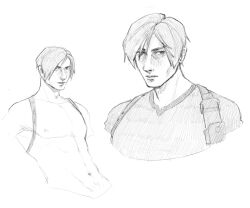 Rule 34 | 1boy, absurdres, ciphic, curtained hair, highres, holster, large pectorals, leon s. kennedy, male focus, muscular, muscular male, pectorals, resident evil, resident evil 2, resident evil 4, resident evil 4 (remake), shirt, short hair, shoulder holster