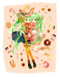 Rule 34 | 2girls, :q, animal ears, bandaid, bandaid on knee, bandaid on leg, bloomers, candy, checkerboard cookie, child, cookie, doughnut, dual persona, food, fork, full body, garter straps, gloves, green eyes, green hair, hatsune miku, highres, jelly bean, lol -lots of laugh- (vocaloid), long hair, looking at viewer, multicolored clothes, multicolored legwear, multiple girls, pantyhose, rabbit, rabbit ears, sakurato remi, school uniform, scrunchie, serafuku, skirt, socks, striped clothes, striped legwear, striped pantyhose, stuffed animal, stuffed toy, sweets, thighhighs, tongue, tongue out, underwear, vertical-striped clothes, vertical-striped legwear, vertical-striped pantyhose, very long hair, vocaloid, yellow legwear