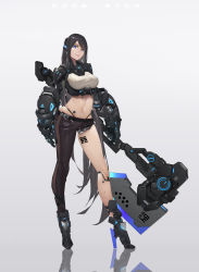 Rule 34 | 1girl, absurdres, android, asymmetrical clothes, asymmetrical legwear, black hair, black panties, black pants, blue eyes, body markings, boots, breasts, contrapposto, crop top, full body, gauntlets, grey background, grin, halberd, high heel boots, high heels, highres, icy02, large breasts, lips, lipstick, long hair, looking at viewer, makeup, mecha musume, mechanical arms, mechanical boots, mechanical parts, midriff, navel, original, panties, pants, parted bangs, polearm, reflection, science fiction, shirt, simple background, single mechanical arm, single pantsleg, smile, solo, standing, straight hair, underwear, uneven legwear, weapon, white shirt