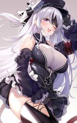 Rule 34 | 1girl, absurdres, arlene (ju), azur lane, bare shoulders, black gloves, black hair, black hat, black sleeves, black thighhighs, blue eyes, blush, breasts, commentary request, detached sleeves, elbe (azur lane), gloves, hand up, hat, highres, large breasts, long hair, long sleeves, multicolored hair, one eye closed, open mouth, silver hair, simple background, smile, solo, streaked hair, thighhighs, thighs