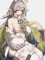 Rule 34 | 1girl, absurdres, arknights, blue hair, breasts, clothed masturbation, colored skin, colored tips, commentary, dragon girl, dragon horns, dragon tail, earrings, female masturbation, green hair, grey background, grey hair, highres, horns, jacket, jewelry, long sleeves, masturbation, multicolored hair, nipple stimulation, nipple tweak, nipples, no bra, off shoulder, pants, pointy ears, shu (arknights), sitting, small breasts, solo, tail, tassel, tassel earrings, togekk0, white jacket, white pants