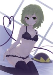 Rule 34 | 1girl, bad id, bad pixiv id, black bra, black panties, black thighhighs, bow, bra, breasts, closed mouth, collarbone, dutch angle, frilled bra, frilled panties, frills, green eyes, green hair, hat, hat bow, unworn hat, unworn headwear, heart, heart of string, highres, indoors, kanpa (campagne 9), komeiji koishi, looking at viewer, medium hair, navel, panties, panty pull, pulled by self, small breasts, smile, solo, thighhighs, touhou, underwear, underwear only, window, yellow bow