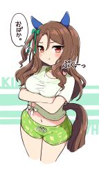 Rule 34 | 1girl, animal ears, bow, brown hair, character name, closed mouth, commentary request, cowboy shot, crossed arms, ear bow, ear covers, gaze on me! outfit (umamusume), green bow, green shorts, hair between eyes, highres, horse ears, horse girl, horse tail, king halo (umamusume), long hair, midriff, navel, pout, red eyes, shirt, short sleeves, shorts, simoyuki, solo, tail, thought bubble, tied shirt, umamusume, white shirt