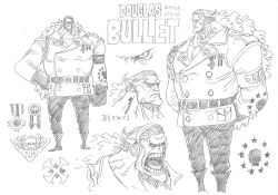 Rule 34 | 1boy, angry, boots, character sheet, douglas bullet, full body, gloves, highres, long hair, manly, military, military uniform, monochrome, multiple views, muscular, oda eiichirou, official art, one piece, one piece: stampede, pectorals, scar, serious, simple background, standing, translation request, uniform, white background