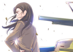 Rule 34 | 1girl, backlighting, blurry, blurry foreground, brown eyes, brown hair, brown jacket, camouflage, chi-hatan military uniform, closed mouth, commentary request, debris, depth of field, from side, girls und panzer, hand on own hip, highres, jacket, long hair, long sleeves, military, military uniform, military vehicle, motor vehicle, nishi kinuyo, oze (xyz go go11), simple background, smile, solo, standing, tank, type 97 chi-ha, uniform, white background, wind