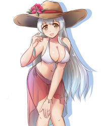 Rule 34 | 1girl, bikini, breasts, brown eyes, cleavage, feet out of frame, front-tie top, hand on own knee, hat, highres, jewelry, kantai collection, large breasts, leaning forward, long hair, looking at viewer, red sarong, ring, sarong, see-through, shoukaku (kancolle), side-tie bikini bottom, simple background, solo, sun hat, swimsuit, wedding band, white background, white bikini, white hair, yukimi unagi