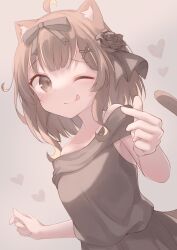 Rule 34 | 1girl, :p, absurdres, ahoge, animal ear fluff, animal ears, annin miru, annin miru channel, bare arms, bare shoulders, black bow, black dress, blunt bangs, bow, breasts, brown background, brown eyes, brown hair, cat ears, cat girl, cat tail, closed mouth, collarbone, dress, dutch angle, flower, hair bow, hair flower, hair ornament, hairclip, hands up, heart, highres, indie virtual youtuber, light blush, looking at viewer, maka neko, medium hair, off-shoulder dress, off shoulder, one eye closed, rose, sidelocks, simple background, small breasts, smile, solo, tail, tail raised, tongue, tongue out, upper body, virtual youtuber, wink, x hair ornament