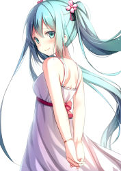 Rule 34 | 1girl, alexmaster, aqua eyes, aqua hair, arms behind back, blush, bracelet, dress, from behind, green eyes, green hair, hair ornament, hatsune miku, highres, jewelry, long hair, looking at viewer, looking back, matching hair/eyes, simple background, smile, solo, twintails, very long hair, vocaloid, white background
