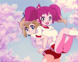 1980s (style), 2girls, amano pikamee, blonde hair, breasts, chromamistake, colored tips, fangs, green eyes, gym shorts, gym uniform, hair behind ear, hikasa tomoshika, leaning forward, looking at viewer, medium breasts, multicolored hair, multiple girls, oldschool, open mouth, red eyes, red shorts, retro artstyle, shirt, short hair, shorts, smile, twintails, virtual youtuber, voms, white shirt, yellow eyes
