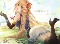 Rule 34 | 1girl, arisa (shadowverse), artist request, blonde hair, boots, copyright notice, cygames, elbow gloves, fairy, gloves, grass, green eyes, hair ribbon, high heel boots, high heels, highres, long hair, official art, open mouth, outdoors, pointy ears, ribbon, shadowverse, solo, thighhighs