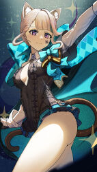 Rule 34 | 1girl, absurdres, animal ear fluff, animal ears, aqua bow, arm up, bow, breasts, cat ears, cat tail, commentary request, cowboy shot, genshin impact, gloves, grey hair, highres, looking at viewer, lynette (genshin impact), medium breasts, purple eyes, short hair, smile, solo, standing, tail, thighs, yellow glasses (odivichno)