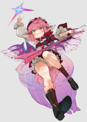 Rule 34 | 1girl, alternate costume, asymmetrical clothes, bird wings, boots, bow, cross-laced footwear, detached sleeves, dress, electric guitar, fingernails, floral print, frills, full body, gibson flying v, gotou (nekocat), grey background, grin, guitar, hat, heart, highres, instrument, lace-up boots, long fingernails, mystia lorelei, nail polish, outstretched arms, pink eyes, pink hair, red dress, ribbon, short hair, signature, simple background, smile, solo, star (symbol), strap, touhou, wings