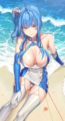 Rule 34 | 1girl, ahoge, argyle, argyle clothes, argyle cutout, azur lane, bad id, bad pixiv id, bare shoulders, beach, blue hair, breasts, buttons, cleavage, clothing cutout, collarbone, day, dore (gilles dore), double-breasted, dress, elbow gloves, garter straps, gloves, grin, hair between eyes, highres, hook, large breasts, looking at viewer, ocean, panties, purple eyes, sand, side ponytail, sidelocks, sitting, smile, solo, st. louis (azur lane), starfish, striped clothes, striped panties, taut clothes, taut dress, thighhighs, thighs, two-tone dress, underwear, water, waves, white gloves, white thighhighs