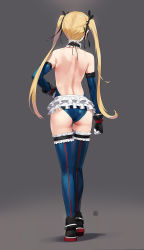 Rule 34 | 1girl, ass, back, backless outfit, bare shoulders, black ribbon, blonde hair, blue leotard, blue one-piece swimsuit, blue thighhighs, breasts, dead or alive, dead or alive 5, elbow gloves, frilled thighhighs, frills, full body, gloves, gradient background, grey background, hair ribbon, hand on own hip, highres, legs, leotard, long hair, marie rose, one-piece swimsuit, ribbon, simple background, small breasts, solo, swimsuit, thigh strap, thighhighs, thighs, twintails, very long hair, yd (orange maru)