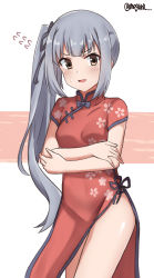 Rule 34 | 1girl, alternate costume, bad id, bad twitter id, brown eyes, china dress, chinese clothes, commentary request, cowboy shot, crossed arms, dress, flying sweatdrops, grey hair, kantai collection, kasumi (kancolle), long hair, looking at viewer, meguru (megurunn), red dress, side ponytail, solo, standing, twitter username, white background
