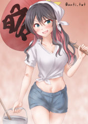 Rule 34 | 1girl, anti (untea9), black hair, breasts, cowboy shot, fang, gradient background, green eyes, hand fan, headband, highres, kantai collection, long hair, looking at viewer, medium breasts, multicolored hair, naganami (kancolle), open mouth, paper fan, pink background, pink hair, shirt, short sleeves, shorts, smile, solo, sweatdrop, twintails, two-tone hair, wavy hair, white shirt