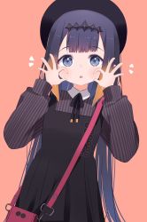 Rule 34 | 1girl, :o, bag, black dress, black ribbon, blue eyes, blunt bangs, blush, commentary, cowboy shot, deyui, dress, english commentary, gradient hair, hands up, headpiece, highres, hololive, hololive english, long hair, looking at viewer, mole, mole under eye, multicolored hair, neck ribbon, ninomae ina&#039;nis, ninomae ina&#039;nis (casual), orange hair, parted lips, pink background, purple hair, red bag, ribbon, shoulder bag, sidelocks, simple background, solo, standing, tentacle hair, virtual youtuber