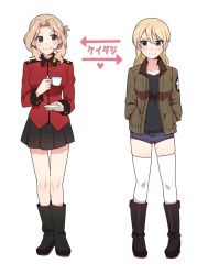 Rule 34 | 10s, 2girls, bad id, bad twitter id, blonde hair, blue eyes, bomber jacket, breasts, commentary request, cosplay, costume switch, cup, darjeeling (girls und panzer), denim, denim shorts, epaulettes, full body, girls und panzer, grey eyes, hair down, hair up, hands in pockets, heart, holding, holding cup, ilhi, jacket, kay (girls und panzer), looking at another, military, military uniform, multiple girls, open clothes, open jacket, parted bangs, pleated skirt, red jacket, saucer, school uniform, shirt, shorts, skirt, smile, t-shirt, teacup, thighhighs, translation request, uniform, white background, white legwear, zettai ryouiki