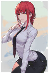Rule 34 | 1girl, black necktie, black pants, braid, braided ponytail, breasts, chainsaw man, formal, highres, lance (lancelliu), looking at viewer, makima (chainsaw man), medium breasts, necktie, pants, ponytail, red hair, shirt, shirt tucked in, smile, solo, yellow eyes
