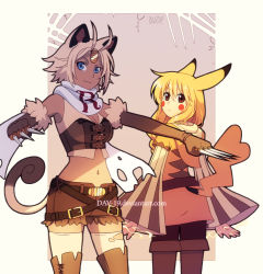 Rule 34 | 2girls, animal ears, antenna hair, belt, blonde hair, blouse, blue eyes, boots, breasts, brown eyes, brown footwear, brown gloves, brown shorts, buckle, cat ears, cat tail, cleavage, closed mouth, coin, cowboy shot, creatures (company), dav-19, dress, expressionless, game freak, gen 1 pokemon, gloves, gold, grey background, hair between eyes, knee boots, koban, koban (gold), layered sleeves, legs apart, long hair, long sleeves, looking at viewer, medium breasts, meowth, midriff, multiple girls, navel, nintendo, outstretched arm, pantyhose, parted bangs, personification, pikachu, pikachu ears, pikachu tail, pokemon, pokemon ears, pokemon tail, scarf, shirt, short hair, short shorts, shorts, signature, single letter, sleeveless, sleeveless shirt, smile, spikes, standing, stomach, striped, striped sleeves, tail, team rocket, team rocket uniform, thighhighs, torn clothes, torn legwear, torn scarf, watermark, web address, white legwear, white scarf