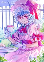 Rule 34 | 1girl, ascot, bow, brooch, chair, cup, day, dress, fence, food, frilled shirt, frilled sleeves, frills, gloves, grass, hair between eyes, hat, hat ribbon, here (hr rz ggg), jewelry, looking at viewer, mob cap, outdoors, parasol, pink dress, puffy short sleeves, puffy sleeves, red bow, red eyes, red ribbon, remilia scarlet, ribbon, sash, shirt, short hair, short sleeves, sitting, smile, sunlight, sweets, table, teacup, touhou, umbrella