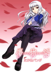 Rule 34 | adjusting hair, blunt bangs, cover, cover page, cross, crossed legs, hairband, idolmaster, idolmaster (classic), jewelry, light smile, long hair, mary janes, pantyhose, pendant, petals, red eyes, shijou takane, shoes, sitting, solo, white hair, zanzi
