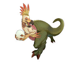 Rule 34 | beak, brown claws, claws, colored skin, creatures (company), deviljho, dracozolt, egg, exposed muscle, feathers, game freak, gen 8 pokemon, green eyes, green skin, highres, holding, holding egg, kulu-ya-ku, lizard tail, looking to the side, monster hunter (series), multicolored skin, nintendo, plume, pokemon, scales, scar, spikes, tail, tongue, two-tone skin, white background, yellow skin, zhen xionggui