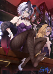 Rule 34 | 2girls, absurdres, alcohol, animal ears, artist name, ass, bar (place), bare shoulders, black legwear, blonde hair, blush, bottle, braid, breasts, chain, cleavage, cup, detached collar, drinking glass, fake animal ears, fate (series), feet, fishnet pantyhose, fishnets, full body, fur trim, gins, hair between eyes, hairband, headpiece, high heels, highres, indoors, jeanne d&#039;arc (fate), jeanne d&#039;arc (ruler) (fate), jeanne d&#039;arc alter (avenger) (fate), jeanne d&#039;arc alter (fate), large breasts, leotard, long hair, looking at another, looking back, multiple girls, pantyhose, parted lips, playboy bunny, purple eyes, purple leotard, rabbit ears, shoes, short hair, silver hair, single braid, single shoe, sitting, sitting on table, smirk, soles, solo focus, spilling, standing, toes, tray, very long hair, wine, wine bottle, wine glass, yellow eyes