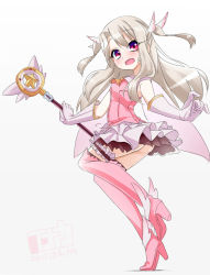Rule 34 | 1girl, ass, blush, boots, elbow gloves, fate/kaleid liner prisma illya, fate (series), feather hair ornament, feathers, gloves, hair ornament, illyasviel von einzbern, inaka keikou, kaleidostick, long hair, magical girl, open mouth, pink footwear, prisma illya, red eyes, shoes, solo, thigh boots, thighhighs, wand, white hair, winged footwear, wings