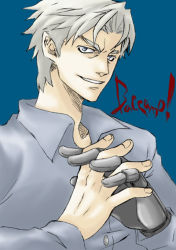 Rule 34 | 00s, 1boy, baccano!, blouse, buttons, collarbone, collared shirt, dress shirt, evil smile, fingernails, grey eyes, grey shirt, interlocked fingers, ladd russo, long sleeves, looking at viewer, machinery, male focus, mechanical arms, shirt, silver hair, single mechanical arm, smile, solo, text focus