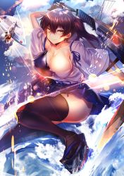 Rule 34 | 1girl, aircraft, airplane, arm up, arrow (projectile), black footwear, black thighhighs, blue ribbon, blue skirt, blue sky, breasts, brown eyes, brown gloves, brown hair, cleavage, closed mouth, cloud, collarbone, commentary request, day, fire, flight deck, gloves, hair between eyes, highres, holding, holding arrow, japanese clothes, kaga (kancolle), kantai collection, kimono, large breasts, light smile, looking at viewer, muneate, outdoors, platform footwear, pleated skirt, quiver, ribbon, sandals, short kimono, short sleeves, side ponytail, sidelocks, silly (marinkomoe), skirt, sky, solo, thighhighs, water, white kimono, wide sleeves, zouri