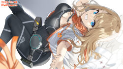 Rule 34 | belt, belt pouch, black bodysuit, blue eyes, bodysuit, breasts, cleavage, cleavage cutout, clothing cutout, dutch angle, eunie (xenoblade), from side, head wings, jacket, large breasts, light brown hair, long hair, looking at viewer, open clothes, open jacket, orange scarf, outstretched hand, pouch, scarf, short sleeves, smile, strap, teeth, thighs, very long hair, white jacket, wings, xenoblade chronicles (series), xenoblade chronicles 3, yappen