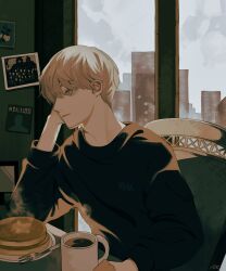 Rule 34 | bishounen, black sweater, blonde hair, cityscape, closed mouth, coffee, cognacbear, cup, food, fork, highres, male focus, mug, original, pancake, pancake stack, photo (object), plate, short hair, sitting, steam, sweater, table, yellow eyes