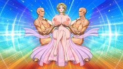 Rule 34 | 1girl, 2boys, akiranime, ancient greek clothes, animated, animated gif, animated png, aphrodite (shuumatsu no valkyrie), bare shoulders, blinking, blonde hair, blue eyes, breasts, breasts out, cleavage, clothed female nude male, collarbone, completely nude, crossed legs, dark-skinned male, dark skin, dress, feet, flower, flower on head, full body, glowing, gown, grabbing, grabbing another&#039;s breast, greco-roman clothes, greek mythology, hair flower, hair ornament, hands on another&#039;s shoulders, huge areolae, huge breasts, huge nipples, interracial, lights, looking at viewer, multiple boys, muscular, muscular male, nude, puffy areolae, puffy nipples, see-through, shuumatsu no valkyrie, sitting, thick thighs, thighs, toes, wavy hair