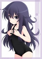 Rule 34 | 1girl, akatsuki (kancolle), artist name, black hair, black one-piece swimsuit, character name, commentary request, cowboy shot, flat chest, highres, inaba shiki, kantai collection, long hair, looking at viewer, messy hair, new school swimsuit, one-piece swimsuit, purple eyes, school swimsuit, smile, solo, standing, swimsuit