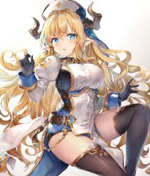 Rule 34 | 1girl, :o, black gloves, black thighhighs, blonde hair, blue eyes, blue ribbon, blush, breasts, commentary, cowboy shot, draph, dress, gloves, gradient background, granblue fantasy, hair ribbon, hand up, hat, highres, horns, juliet sleeves, knee up, large breasts, long hair, long sleeves, looking at viewer, momoko (momopoco), parted lips, pelvic curtain, pointy ears, puffy sleeves, razia, ribbon, simple background, sleeves rolled up, solo, thighhighs, thighs, v-shaped eyebrows, very long hair, wavy hair, white background, white dress, white hat
