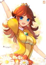 Rule 34 | 1girl, :d, arm up, artist logo, artist name, blue eyes, breasts, brown hair, chinchongcha, commentary, covered navel, crown, daisy, dot nose, dress, english commentary, flower, frilled dress, frills, gloves, highres, long hair, mario (series), medium breasts, mini crown, nintendo, open mouth, orange dress, outstretched arm, princess daisy, puffy short sleeves, puffy sleeves, short sleeves, smile, solo, sparkle, super mario land, teeth, upper teeth only, white gloves
