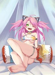 Rule 34 | 1girl, ;d, absurdres, ahoge, arm strap, arm support, armpit crease, ass, asymmetrical bangs, azur lane, bare shoulders, barefoot, bikini, bikini top only, black choker, blush, breasts, choker, collarbone, commentary request, covered erect nipples, criss-cross halter, elbow gloves, feet, foreshortening, full body, gloves, green eyes, hair between eyes, hair ornament, halterneck, highres, houston (azur lane), long hair, looking at viewer, lying, medium breasts, micro shorts, midriff, no shoes, on bed, on side, one eye closed, open mouth, orange gloves, pillow, pink hair, shadow, shorts, sidelocks, sitting, smile, solo, star (symbol), swimsuit, teeth, the hermit, thigh strap, tongue, two side up, underboob, upper teeth only, white bikini, white shorts