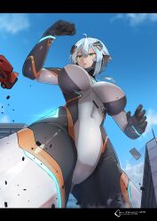 Rule 34 | 1girl, absurdres, blue hair, blue sky, bodysuit, breasts, car, city, cityscape, colossus (natsukaze shigure), covered erect nipples, destruction, from below, giant, giantess, green eyes, hair ornament, highres, large breasts, motor vehicle, natsukaze shigure, navel, open mouth, original, outdoors, short hair, signature, skin tight, sky, solo, tokusatsu