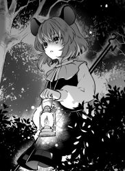 Rule 34 | 1girl, animal ears, bad id, bad twitter id, bush, capelet, cowboy shot, dowsing rod, greyscale, lamp, long sleeves, monochrome, mouse ears, mouse girl, nazrin, open mouth, outdoors, parted lips, shirt, short hair, skirt, skirt set, solo, tomobe kinuko, touhou, tree, vest
