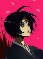 Rule 34 | 1girl, black hair, bleach, blood, breasts, floppydisk7000, hair between eyes, highres, japanese clothes, kuchiki rukia, long hair, long sleeves, open mouth, purple eyes, sad, shinigami, short hair, simple background, small breasts, solo