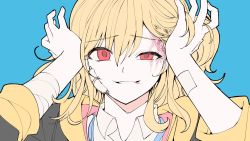 Rule 34 | 1girl, akira ray, bandaged arm, bandages, blonde hair, blood, blue background, collared shirt, highres, holding, holding own hair, hood, hoodie, nijisanji, nijisanji kr, official art, parted lips, red eyes, shirt, smile, so nagi (artist), solo, upper body, villain (vocaloid), virtual youtuber, vocaloid, white shirt, yellow hoodie