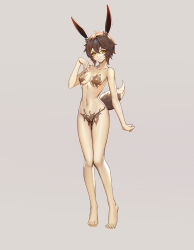 Rule 34 | 1girl, absurdres, animal ears, breasts, brown hair, commission, corruption, full body, grey background, hand on own chest, highres, liquid, looking at viewer, medium breasts, nude, original, pussy, rabbit ears, rabbit girl, rabbit tail, shen hai ichigo, short hair, solo, standing, tail, variant set, yellow eyes