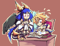 Rule 34 | 1boy, 1girl, blonde hair, blue hair, book, breasts, chair, cleavage, commentary, desk, dizzy (guilty gear), eyepatch, flying sweatdrops, gloves, guilty gear, guilty gear xrd, homework, left-handed, medium breasts, mother and son, outline, pencil, red eyes, setz, simple background, sin kiske, sweat, tail, white gloves, wings, writing