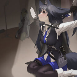 Rule 34 | 2girls, 3boys, animal ears, arknights, black hair, black pantyhose, black vest, blade to throat, blank speech bubble, blood, blue gloves, blue necktie, blue shorts, boots, breasts, clenched teeth, execution, fingerless gloves, gloves, linjia kaidi, long hair, long sleeves, lowres, medium breasts, multiple boys, multiple girls, necktie, paid reward available, pantyhose, restrained, shirt, shorts, sitting, solo focus, sora (arknights), sora (melodiosa) (arknights), speech bubble, tail, teeth, texas (arknights), texas the omertosa (arknights), vest, wariza, white footwear, white shirt, wolf ears, wolf girl, wolf tail, yellow eyes