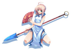 Rule 34 | 00s, ahoge, artoria pendragon (all), artoria pendragon (fate), blonde hair, china dress, chinese clothes, dress, fate/stay night, fate (series), folding fan, green eyes, hand fan, polearm, saber (fate), simple background, solo, spear, weapon, white background