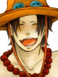 Rule 34 | 1boy, fire, freckles, hat, jewelry, male focus, necklace, one piece, open mouth, portgas d. ace, topless male, smile, solo, stampede string, tattoo
