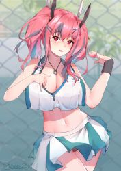 Rule 34 | 1girl, :d, azur lane, bare shoulders, black panties, blurry, blurry background, blush, breasts, bremerton (azur lane), bremerton (scorching-hot training) (azur lane), chain-link fence, chinese commentary, cleavage, collarbone, collared shirt, commentary request, cowboy shot, crop top, crop top overhang, fang, fence, green skirt, grey hair, groin, hair between eyes, hair intakes, hair ornament, hairclip, highres, jewelry, large breasts, long hair, looking at viewer, midriff, multicolored hair, navel, necklace, no mole, open mouth, panties, pantyshot, pink eyes, pink hair, shirt, shirt tug, showerz, sidelocks, signature, skin fang, skirt, sleeveless, sleeveless shirt, smile, solo, sportswear, standing, streaked hair, sweat, sweatband, tennis court, tennis uniform, tree shade, twintails, two-tone hair, two-tone shirt, two-tone skirt, underwear, white shirt, white skirt, x hair ornament