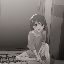 Rule 34 | alternate costume, bruise, bruise on face, carpet, collarbone, door, doorknob, greyscale, indoors, injury, kantai collection, looking at viewer, monochrome, open mouth, red eyes, short hair, signature, sitting, solo, spot color, zabuton dorobou