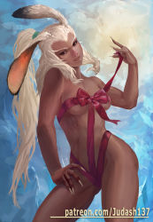 Rule 34 | 1girl, abs, animal ears, bare shoulders, breasts, censored, cleavage, dark-skinned female, dark skin, female focus, final fantasy, final fantasy xii, fingernails, fran (ff12), highres, judash137, large breasts, legs, lips, long hair, looking at viewer, muscular, nail polish, ponytail, rabbit, revealing clothes, smile, solo, square enix, thighs, toned, very long hair, viera, white hair